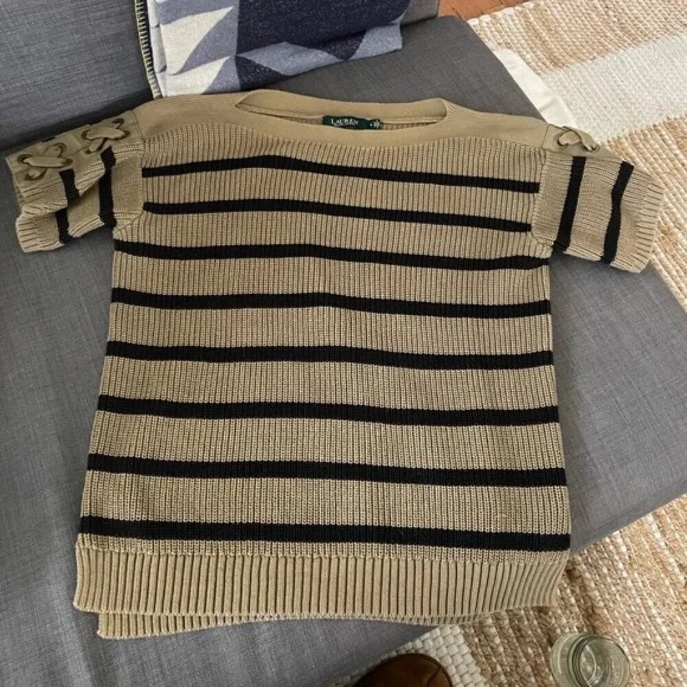 Ralph Lauren Olive Green and Black Knit Short Sleeve Striped Sweater sz Medium